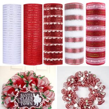 Imagem de JStnana 5 rolos de fita de malha de Natal para guirlanda, 25,4 cm x 7,6 m por rolo, rolos de malha decorativa de folha metálica decorativa vermelha e branca para árvore de Natal, guirlanda de férias