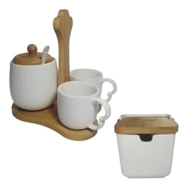 Imagem de Jogo de Mesa Café Da Manhã Cerâmica Com Açucareiro + Xícaras 90ml + Saleiro