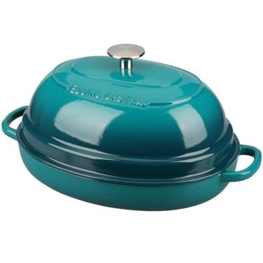 Imagem de EDGING CASTING Panela de forno holandês de ferro fundido oval esmaltado com tampa, forno holandês de pão para assar pão de fermento, 6 QT, Darkcyan