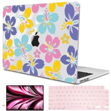 Imagem de LCMOCICO Capa para MacBook Air de 13,5 polegadas 2025 M4 A3240 2024 M3 A3113 2022 2023 A2681 M2 Chip, capa rígida com padrão de plástico cristal para Mac Air 13 M4 2025 Touch ID, flor de hibisco