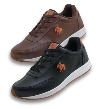 Imagem de Kit 2 Tênis Masculino Polo Casual Esportivo De Couro Elegante Confortável Social (Café+Preto, BR, Adulto, Numérico, P, 40)