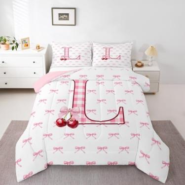 Imagem de Erosebridal Conjunto de edredom solteiro com laço rosa, letra G, laço e laço para crianças, meninas, estampa xadrez, monograma, estilo princesa sonhadora, com 1 fronha