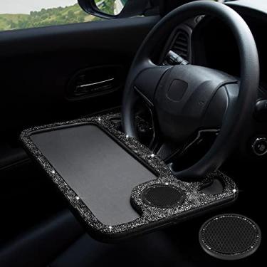 Imagem de eing Mesa de volante automóvel cintilante, laptop, tablet, mesa de viagem de carro, gancho de comida na bandeja de volante, para viajantes constantes, cabe na maioria dos volantes de veículos, preto