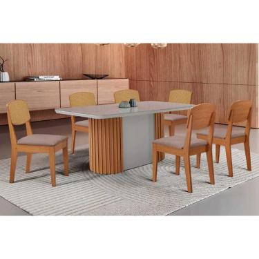 Imagem de Conjunto Sala de Jantar Pilar c/ Tampo Madeirado c/ Vidro Canto Curvo 180x90cm e 6 Cadeiras Havana Premium Naturale/Off White - Linho Capuccino-Rufato