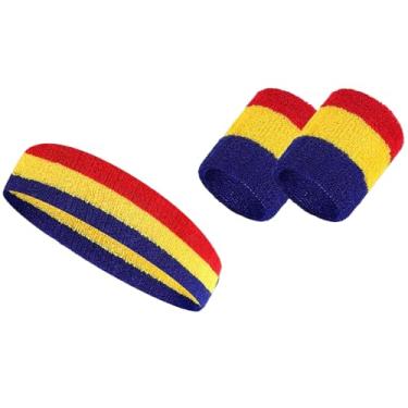 Imagem de TOOPONE Conjunto de faixa de transpiração listrada, 2 pulseiras e 1 faixa de cabeça, faixas atléticas com absorção de umidade para esportes, homens e mulheres, pulseiras atléticas para basquete, tênis