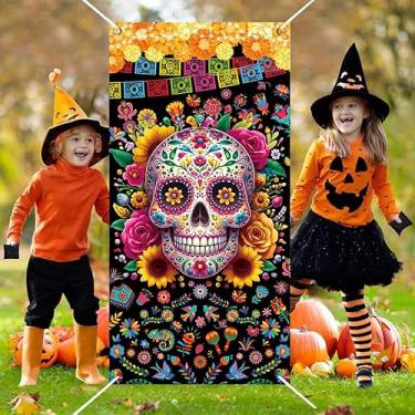 Imagem de Dia dos Mortos Decoração de Porta Dia de Los Muertos Faixa de Varanda Porta Frontal Halloween Festa Mexicana Caveira Bandeira (Preto)
