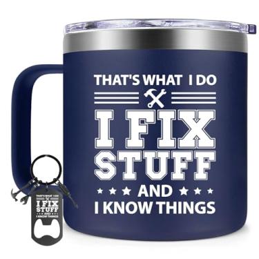 Imagem de Fufendio Presente de Dia dos Pais para o Pai - Presentes de aniversário legais para homens - Caneca I Fix Stuff and I Know Things 400 ml - Presentes de aniversário e Natal para ele, avô, tio, irmão