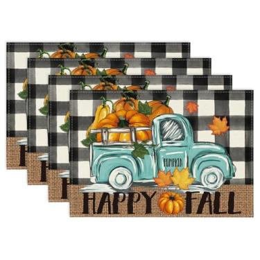 Imagem de Niviy Jogo americano Buffalo xadrez xadrez abóbora caminhão outono conjunto de 4, 30 x 45,7 cm, outono dia de Ação de Graças, para festa, cozinha, sala de jantar, decoração