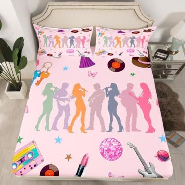 Imagem de jejeloiu Jogo de cama feminino para meninas, música, guitarra, cantora, rosa, estética, moderna, discoteca, borboleta, lençol com elástico alto, 3 peças (sem lençol de cima)