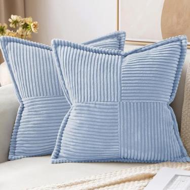 Imagem de MIULEE Capas de almofada decorativas para sofá-cama sala de estar 45,7 x 45,7 cm Conjunto de 2 fronhas de veludo cotelê macio com detalhe boho azul bebê