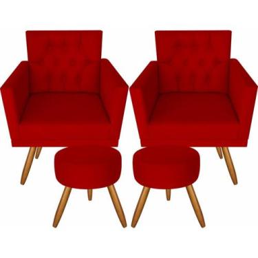 Imagem de Kit 2 Poltronas Decorativas Larah Capitonê E 2 Pufs Vermelho - VISALAR