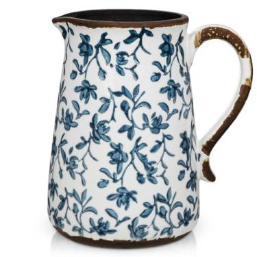Imagem de Vaso rústico de cerâmica para casa de fazenda, vaso azul e branco de 20 cm para centros de mesa, vasos de chinoiserie, jarro de cerâmica com alça, decoração country francesa, vasos vintage para sala