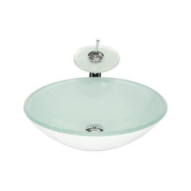 Imagem de Cuba Vidro Redonda 42Cm Branca + Válvula + Torneira Cascata - Cubas E 