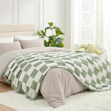 Imagem de Blanket Snuggle Sac Faux Fur, xadrez, tamanho duplo, verde sálvia