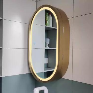 Imagem de Armário De Remédios Oval De 28 Polegadas Com Luzes, Armário De Remédios Led Com Moldura De Madeira Com Regulável De 3 Cores, Armário De Espelho Iluminado Para Banheiro, T, C, 60 * 90cm