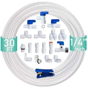 Imagem de ESHIONG 18 peças O.D. RO (osmose reversa) Encaixes de tubo de filtro de água com válvula T de desligamento (conexão rápida de encaixe de plástico com certificação NSF) + 10 metros (9,8 m) tubo certificado NSF.
