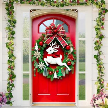 Imagem de BlissYard Capa de porta de Natal, guirlanda de rena branca, laço xadrez vermelho, 89 x 188 cm, faixa festiva para decoração de parede interna e externa, tecido de poliéster, capas de decoração de casa