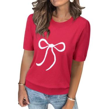 Imagem de Suéter feminino Arach&Cloz de manga curta com laço tricotado vermelho