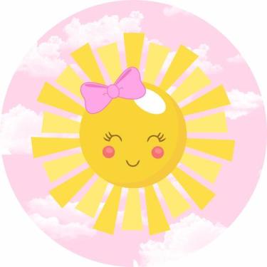 Imagem de Painel de Tecido Sublimado Redondo Solzinho Menina Laço Rosa e Nuvens 