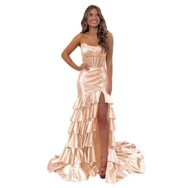 Imagem de Vestido de formatura Mollyevers Corset Mermaid Ruffle Satin Rose Gold