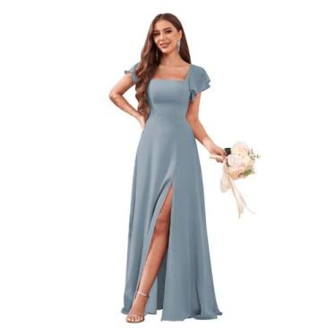 Imagem de Vestido de dama de honra CDSSL Long Dusty Blue Chiffon A Line 26W