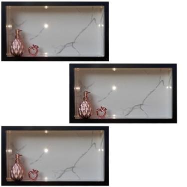 Imagem de Kit 3 Nicho Porcelanato Branco Carrara Borda Preta 60x32 Embutir Banhe
