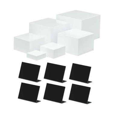Imagem de XLWLLNJ 6x Caixas de acrílico para exibição de alimentos, caixas de armazenamento com etiquetas de mesa, recipientes de elevação de cubo branco para joias