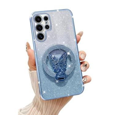 Imagem de Tesazxcn Capa para Samsung Galaxy S24 Ultra com suporte e alça de pulso [compatível com Mag Safe], para Samsung S24 Ultra, à prova de choque, capa macia, com suporte para mulheres e meninas, azul