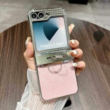 Imagem de Capa com suporte de anel de dedo com diamante brilhante para Samsung Galaxy Z Flip 6 Flip5, capa de couro de luxo com dobradiça, rosa, para Samsung Z Flip 6
