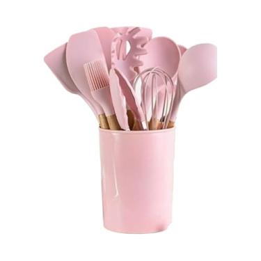 Imagem de Conjunto De 12 Colheres De Silicone Para Cozinha Com Cabo De Madeira E Suporte | UtensíLios Para Panelas Antiaderentes, EspáTula, Concha, Misturador(rosa)
