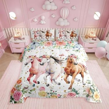Imagem de Erosebridal Jogo de cama queen com cavalo ocidental, retrô, rosa, vaqueira, cavalos, para crianças, adolescentes, rústico, rústico, casa de fazenda, decoração de quarto de borboleta e flores com 2