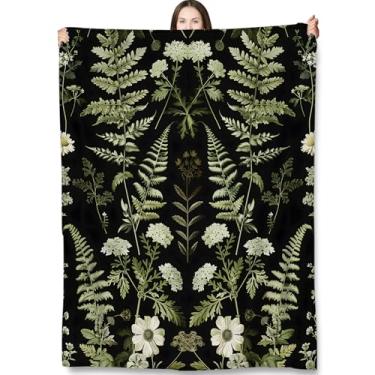 Imagem de Turamurra Cobertor de plantas botânicas presentes para adultos e crianças, samambaias verdes vintage e cobertores de flores brancas para decoração de sala de estar e quarto, pelúcia felpuda de flanela