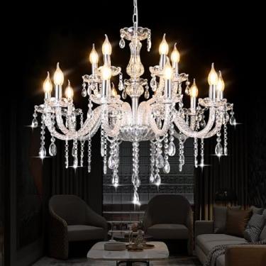 Imagem de MALOSA Lustres grandes de cristal transparente, lustre grande de 78 cm para sala de estar, quarto, sala de jantar, corredor, 15 luzes