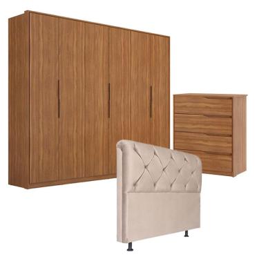 Imagem de Guarda Roupa Atrice 6 Portas e Cômoda Atria Amêndola com Cabeceira Daiana 160 cm Marfim – Demartêz