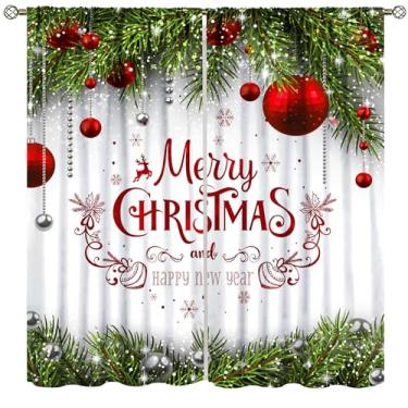Imagem de Cortinas de Natal, Merry Christmas, bola de galhos de abeto, Ano Novo, cortinas para quarto, sala de estar, cozinha, janela, tratamento de 2 painéis, conjunto de 2 painéis, tamanho total 107 cm L x