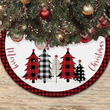 Imagem de Saia de árvore pequena para árvore de Natal de 61 cm para decoração de Natal, xadrez vermelho e preto, decoração de Feliz Natal para escritório em casa, decoração de festa de Natal