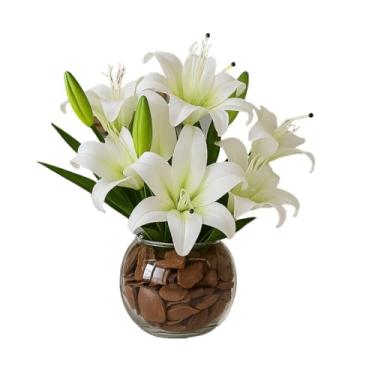 Imagem de Arranjo De Flores Artificiais Decorativas Lírios Realistas Em Vaso De Vidro Para Sala Mesa Escritório(Cor: Branco)