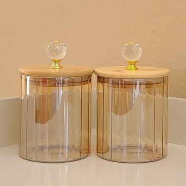 Imagem de Jogo de2 Potes de Vidro Canelado Cristal Âmbar com Tampa de Bambu 500ml porta mantimentos e condimentos cozinha