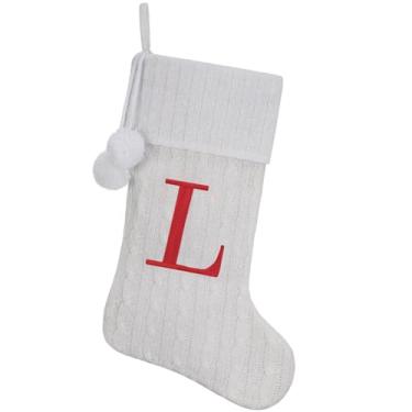 Imagem de Pxniy Meia de Natal personalizada de 48 cm - malha branca com monograma bordado e pompons, cabide de lareira familiar para decoração de férias, letra L branca