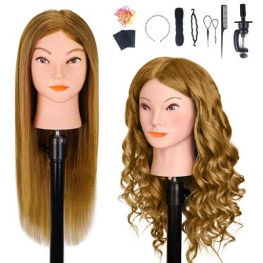 Imagem de Cabeça de manequim MYSWEETY 100% cabelo humano 46 cm com suporte e fer