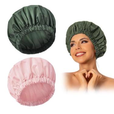 Imagem de Touca de banho reutilizável Edoneery Waterproof para mulheres rosa e v