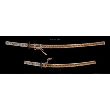 Imagem de Buyartforless Pôster impresso de arte Katana & Wakizashi por Takeshiba Toshiteru 33x37,4 Pintura famosa Duas Espadas Japonesas