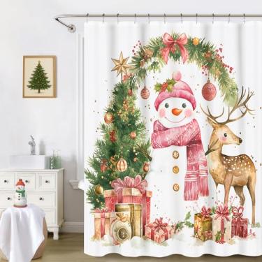Imagem de Chyhomenyc Cortina de chuveiro de boneco de neve de Natal de 182 cm de comprimento, linda guirlanda de rena, presente de fazenda, cortinas de banheiro de Natal, tecido impermeável durável, decorações