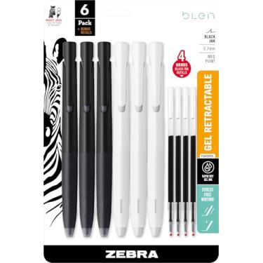 Imagem de Zebra Pen Canetas de gel bLen 0,7 mm, ponta média, tinta preta, pacote com 6 recargas, tinta suave de secagem rápida, experiência de escrita sem vibração, aderência de borracha, clipe de baixo perfil