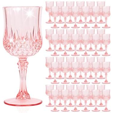 Imagem de Pacote com 48 taças de vinho de plástico rosa claro, taças de plástico vintage para festas, copos de bebida, copos inquebráveis, taças de água de cristal, reutilizáveis para recepção de casamento