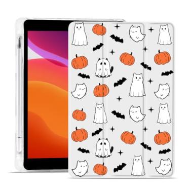Imagem de MAYCARI Capa de Halloween para iPad de 10,2 polegadas 2021/2020/2019 com suporte para lápis, original Ghost Cats Pumpkins iPad 9ª/8ª/7ª geração, capa protetora traseira de TPU macio, capa fina