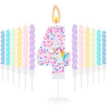 Imagem de MTLEE Número 4 velas de aniversário unicórnio número topo de bolo com 12 velas espirais arco-íris para meninas bolo de aniversário unicórnio lantejoulas decorações de festa de princesa (cores