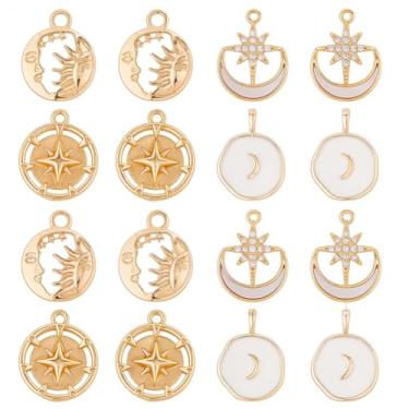 Imagem de SUNNYCLUE 1 caixa, 8 peças, 4 estilos, pingentes celestiais de latão banhado a ouro 18 quilates em massa com pingentes de sol de metal de cristal de strass para fazer joias, artesanato, brincos