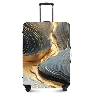 Imagem de FOREVER QUEEN Capa protetora de mala de mármore luxuosa, antiarranhões, capa de bolsa elástica, lavável e durável de poliéster, Preto, dourado, S(fits 20-22inch suitcase), Mármore