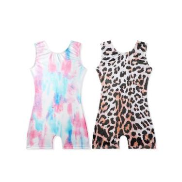 Imagem de Collant de ginástica EQSJIU Tiedye Leopard Sparkle com shorts 3-4t